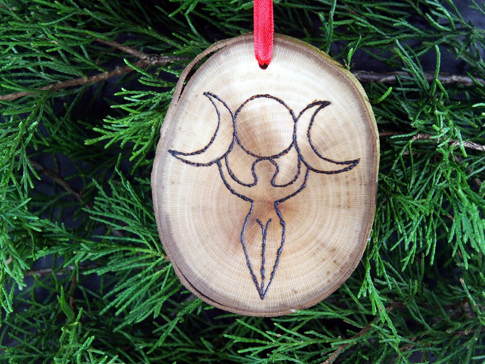 Triple Moon Goddess handmade wooden ornament.