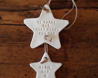 Two star clay decoration with free personalisation ~ nursery decoration ~ nursery decor ~ new baby gift or Mother's Day gift ~ clay garland