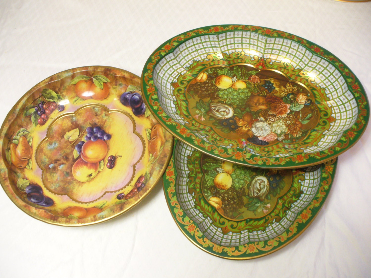 Three Vintage decorative metal serving bowls / dishes fruits