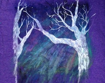 Hand Painted T-shirt, Northern Lights Tree Design