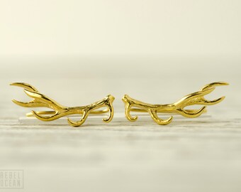 Yellow Gold Plated Sterling Silver Ear Cuff Antler Deer Ear wrap Pin Earrings Boho Jewelry - FES006 T2