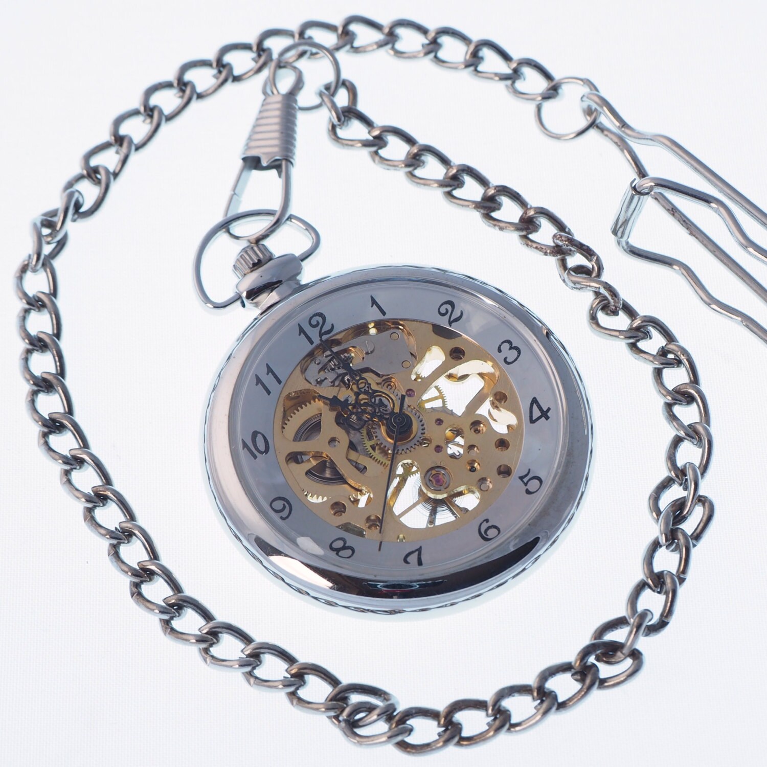 Personalized Silver Skeleton Pocket Watch Supplied In Satin Lined Gift Box  PW-18