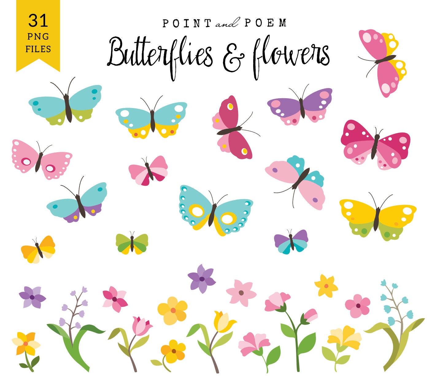 Spring Clip Art: BUTTERFLY & FLOWERS Commercial