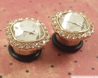 Plugs Gauges - Square Crystal and Gold Plugs - 0ga (8mm), 00ga (10mm), 7/16" (11mm), 1/2" (12mm), 9/16" (14mm), 5/8" (16mm)