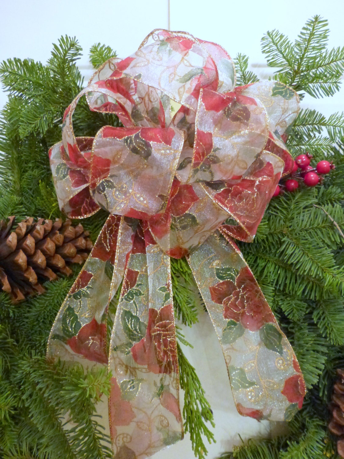 Christmas bow, red roses gold scrolls transparent Christmas bow