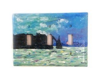 Monet light switch - Claude Monet - Etretat - Hand painted triple switch plate - ocean switch plate - Light Switch Cover