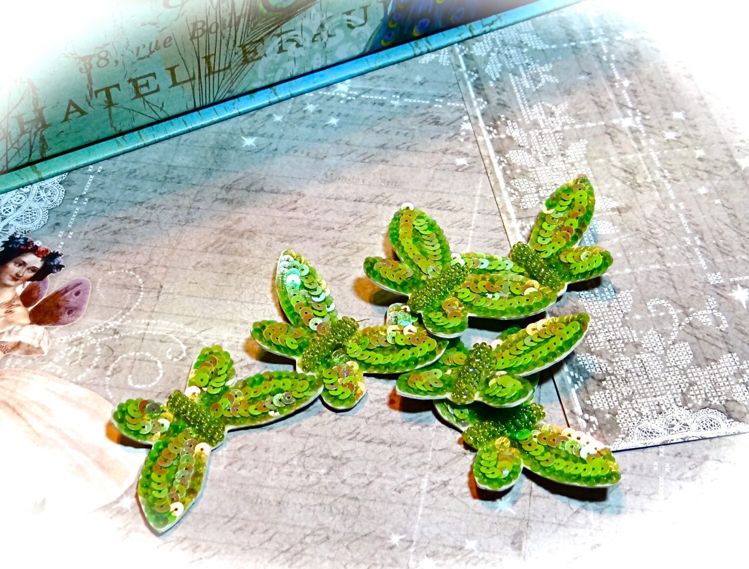 Sequin Butterfly Applique Iridescent Lime Butterfly Trims