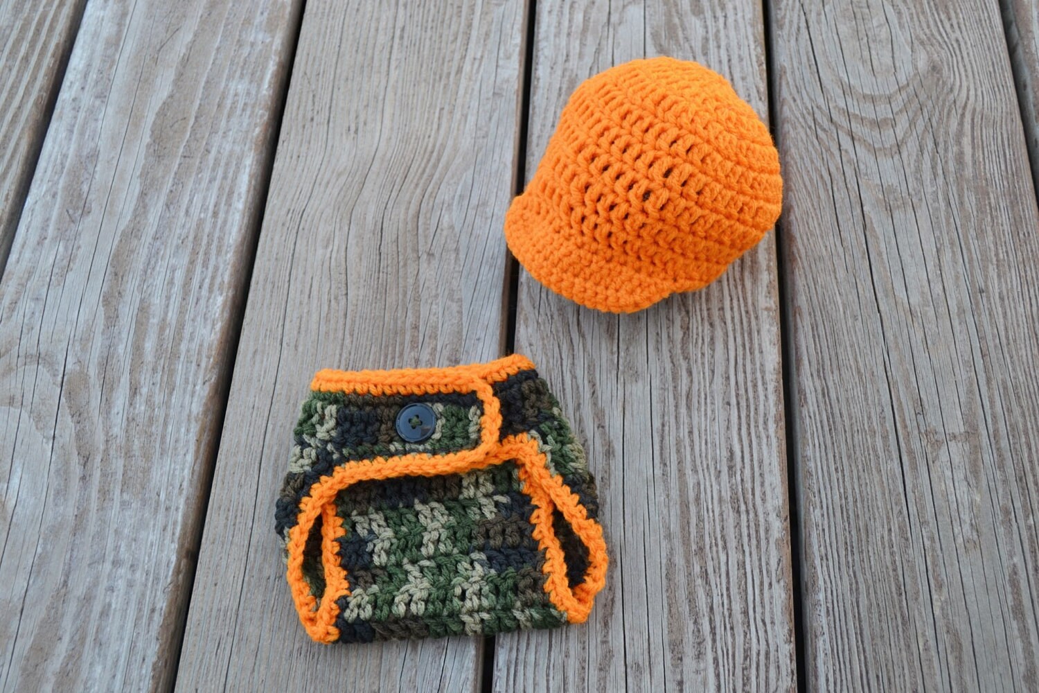 Crochet Baby Camo Blaze Orange Hat and Camo by TinyPeachBoutique