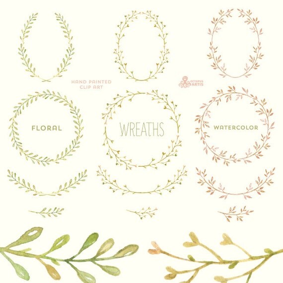 Floral Wreaths. 12 Watercolor digital Clipart. Handpainted