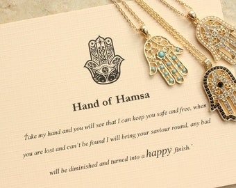 Hand of Hamsa Necklace, Hand of Fatima Necklace, Meaningful Gifts, Meaningful Necklace Good Luck Charm, Pendant, Inspirational Quote Card