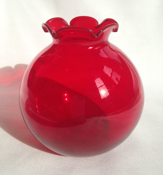 1960's Vintage RED GLASS VASE with Fluted Edge by OverVenti