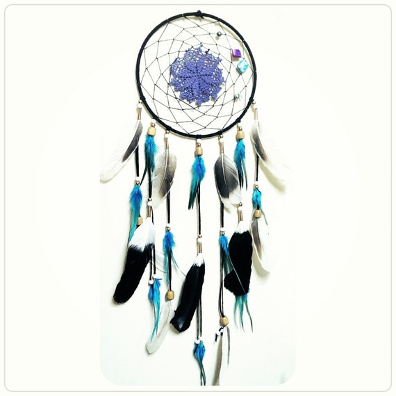 Black & Teal Large Dreamcatcher with Long by JupiterSkyDesign