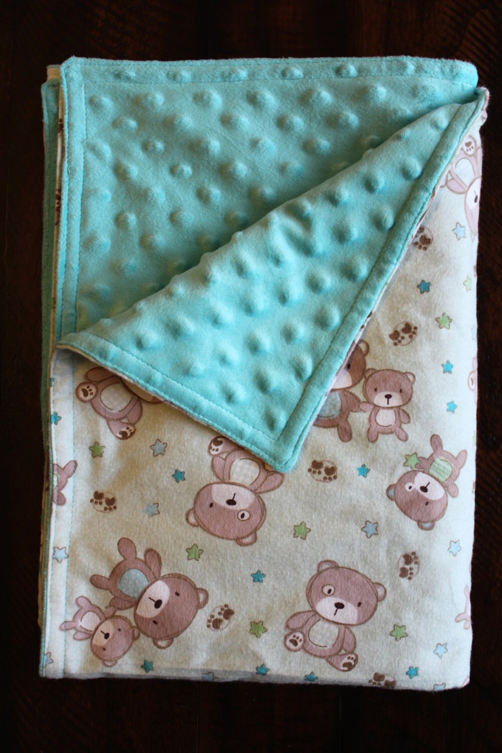 Personalized Minky Baby Blanket Teal Minky Dot Teddy Bear