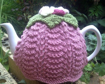 Lovely vintage inspired style Tea Cosy / Cozy. Hand knitted. Pink with Roses. Looks gorgeous on a teapot! Perfect afternoon tea accessory