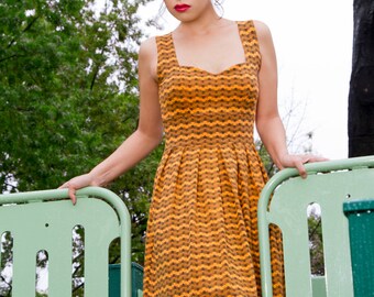 SALE! Womens Dress, Organic Cotton Dress, Summer Dress in Orange, Black and White and Purple with Zig Zag, Chevron print, Miss Mary Mack