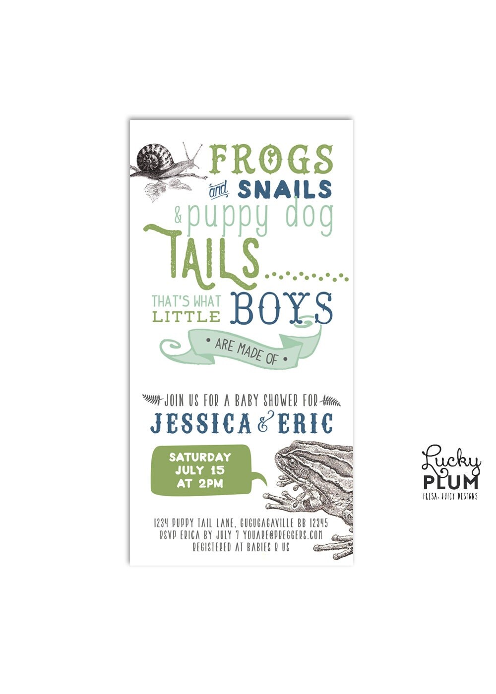 Frogs Snails Puppy Dog Tails Baby Shower Invitation / Couple