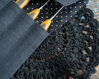 Linen Crochet Hook Case - Holder - Organizer -- black