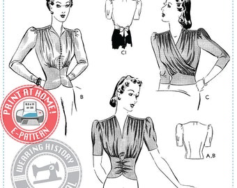 E-Pattern- Dahlia- 1940s Gathered Blouse- Wearing History PDF Vintage Sewing Pattern