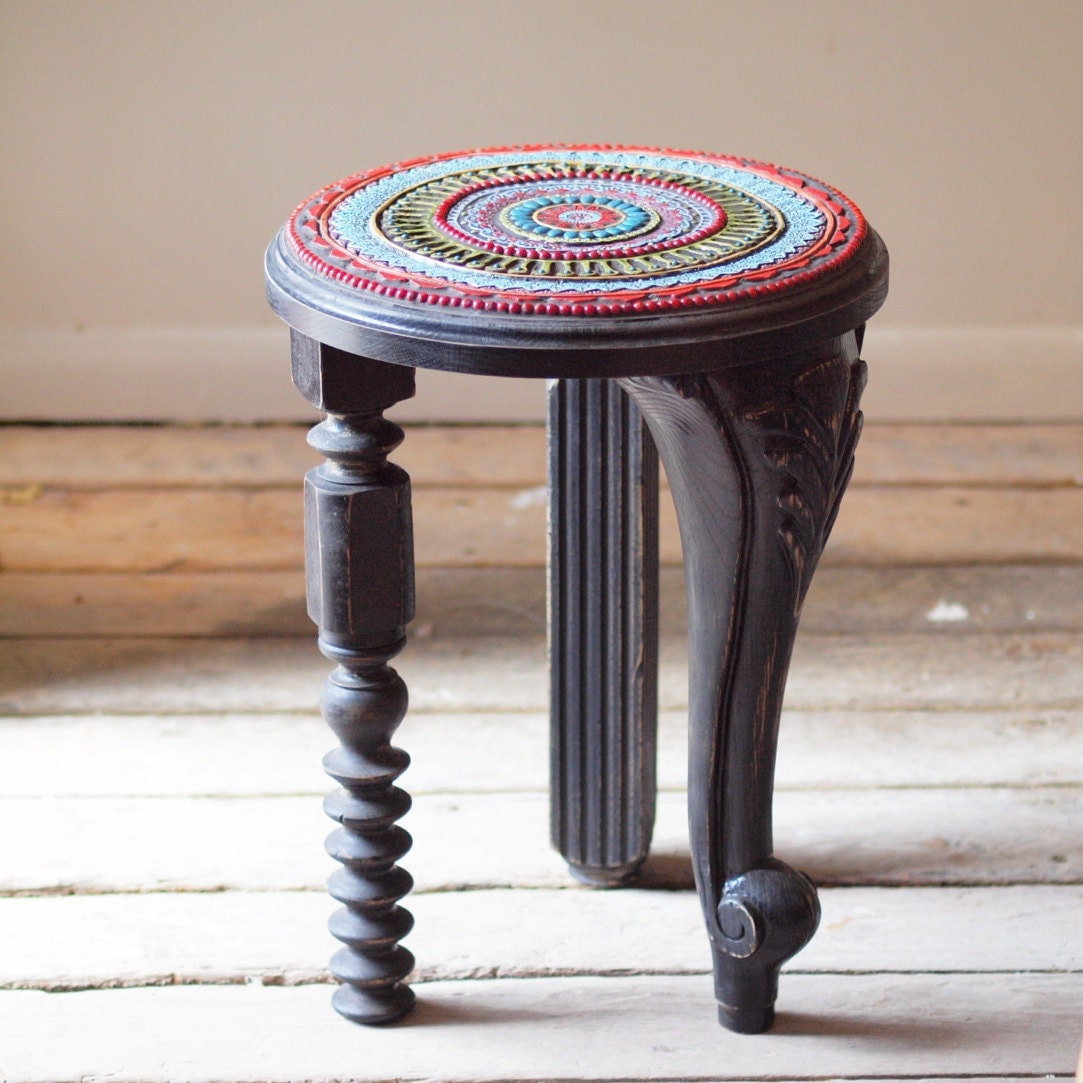 Suzani Mosaic Side Table in Black Accent Table Reclaimed
