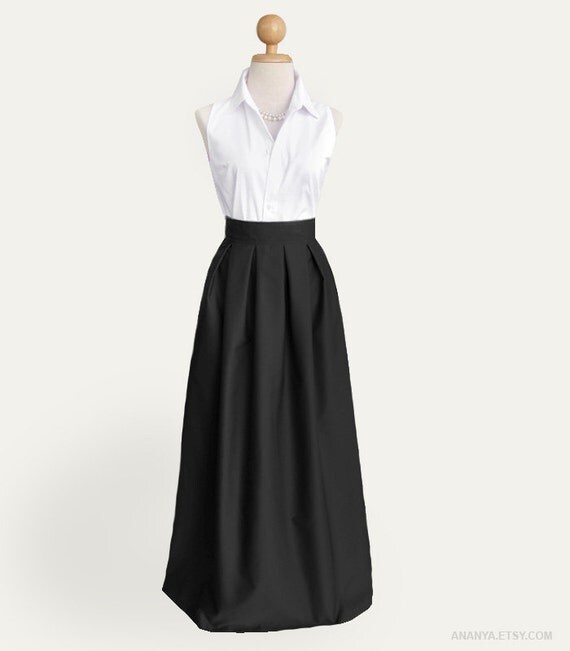 Cotton pleated fully lined long skirt with pockets maxi