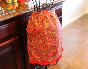 Vintage Ladies Half Apron Retro Handmade Half Apron For Women Red Paisley Print Apron