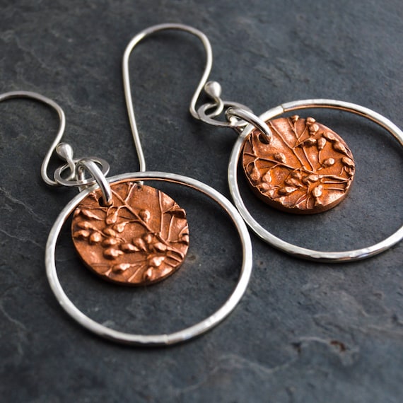Copper and Sterling Silver Hoop Earrings, Prairie Grass, Scribner Dichanthelium Texture