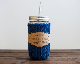 Mason Jar Tumbler Kit + Knitted Cozy, Jar, Lid, & Reusable Straw