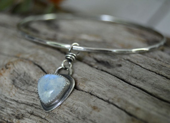 Moonstone Bangle Bracelet. Hammered Sterling by sundownbeaddesigns