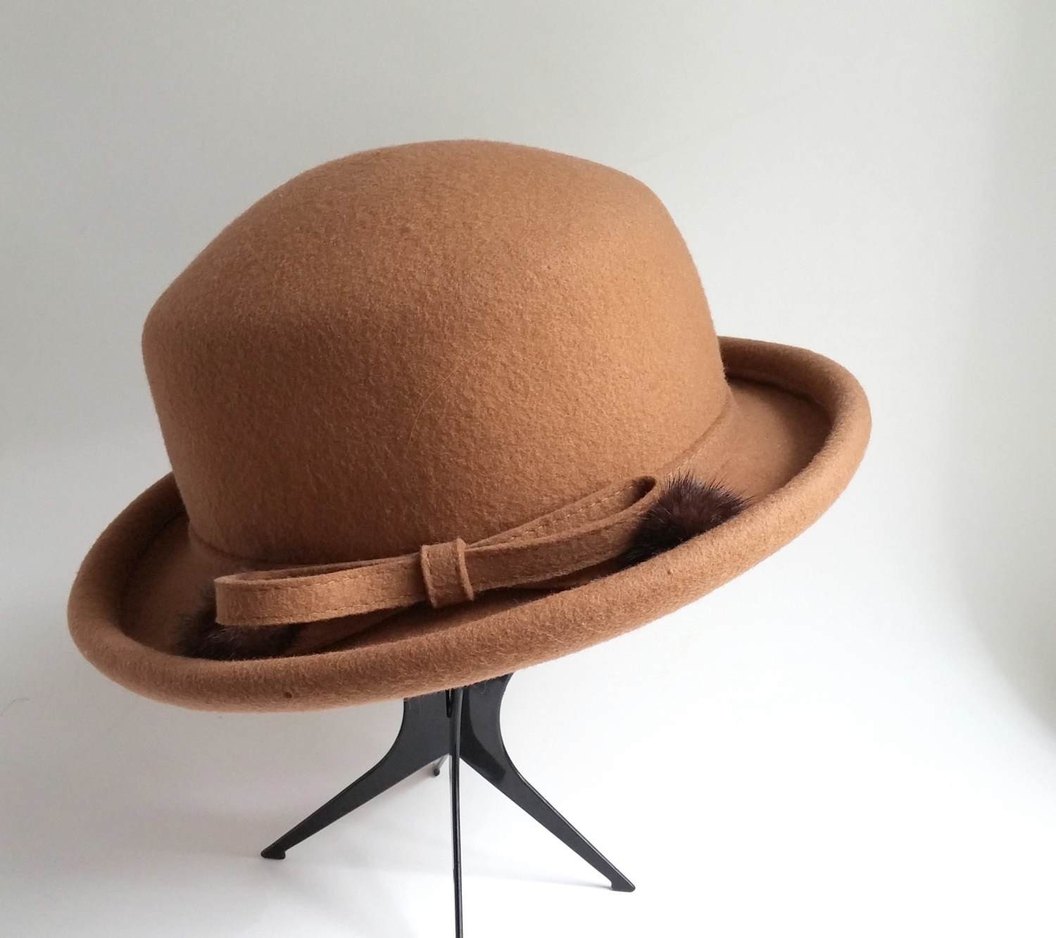 Vintage Brown Wool Derby/ Bowler Hat Liz Claiborne Mink Puffs