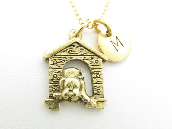 Dog Necklace, Dog House Charm Necklace, Personalized with Initial Letter, Monogram, Initial Necklace, Antique Gold, Sleeping Dog Charm Z108