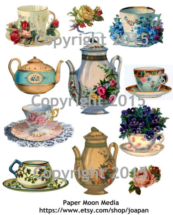 Printable Victorian Teapots and Teacups Collage Sheet