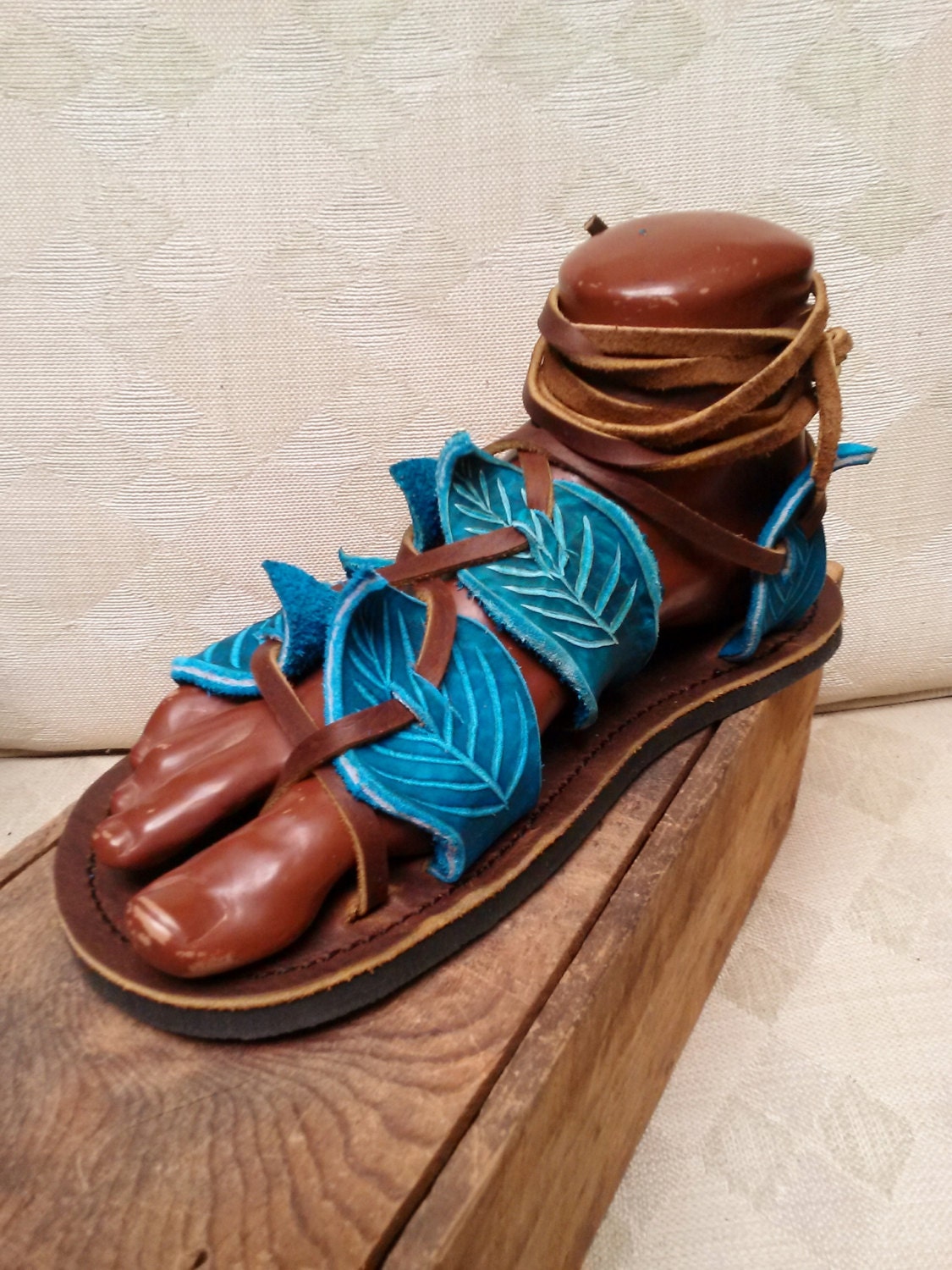 Gladiator Leaf Sandals in Turquoise  Handmade by TreadLightGear