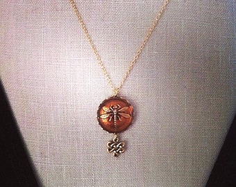 Dragonfly in Amber, Gold Celtic Knot Dragonfly Necklace, Outlander, Dragonfly Jewelry Celtic Wedding Irish Jewelry Bridesmaids Gift