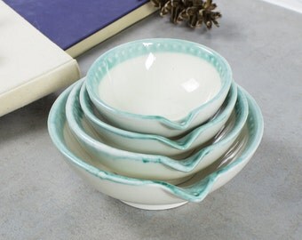Nesting Ceramic bowls set of 4 Measuring Cups White Aqua green lips Handmade Prep Bowls Kitchen Hostess Gifts Home Decor Handmade Pottery
