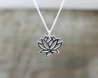 Silver Lotus Necklace, Sterling Silver Necklace, Lotus Pendant, Yoga Jewelry, Yoga Necklace, Namaste, Lotus Blossom Necklace