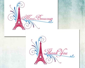 French Eiffel Tower Thank You Cards, Merci Beaucoup or Thank You, Red Blue or Purple Aqua, Set of Ten, Blank Inside, Wedding Birthday Shower