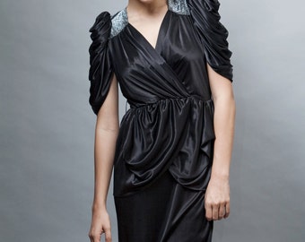 peplum dress disco vintage 80s party black silver metallic lurex slinky soft ONE SIZE S M L small medium large