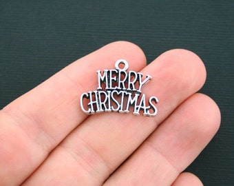 BULK 20 Merry Christmas Charms Antique Silver Tone - SC2860