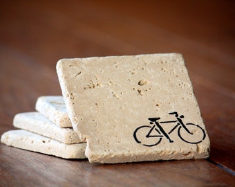 Bicycle Coaster Set, Natural Tumbled Marble Rustic Coasters Set of Four 4x4, Handmade Home Decor Shabby Chic Simple Secret Santa Gift