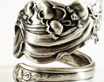 Unique Victorian Lily of the Valley, Manchester May Lily Pattern Sterling Silver Spoon Ring, Handmade Jewelry, Adjustable Ring Size (6123)