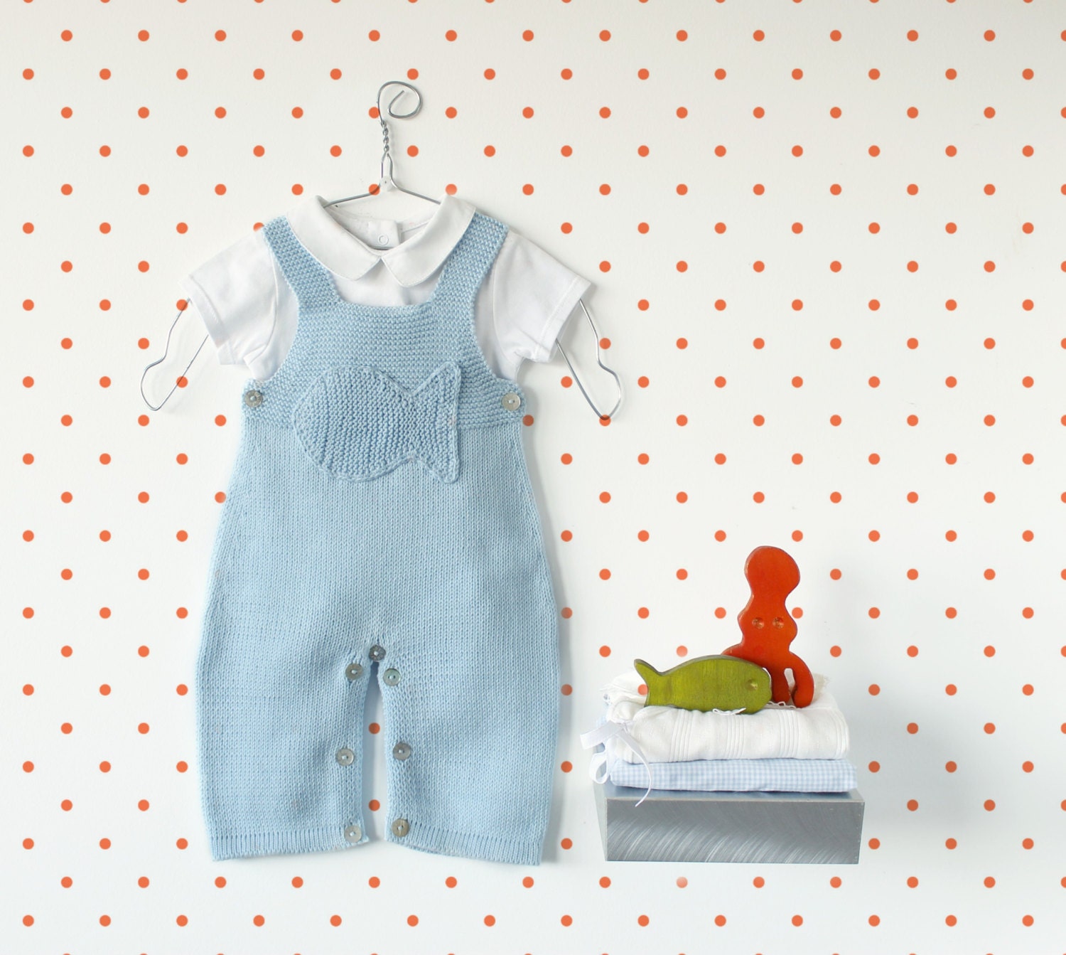 Knitted baby overalls sky blue knitted fish. 100 cotton.