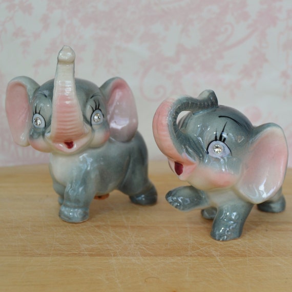Vintage Elephant Salt and Pepper Shakers with Rhinestone Eyes
