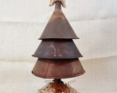 Large Metal Funnel Christmas Tree Decoration Rustic Primitive Burlap Star Reindeer Brown Copper Upcycled