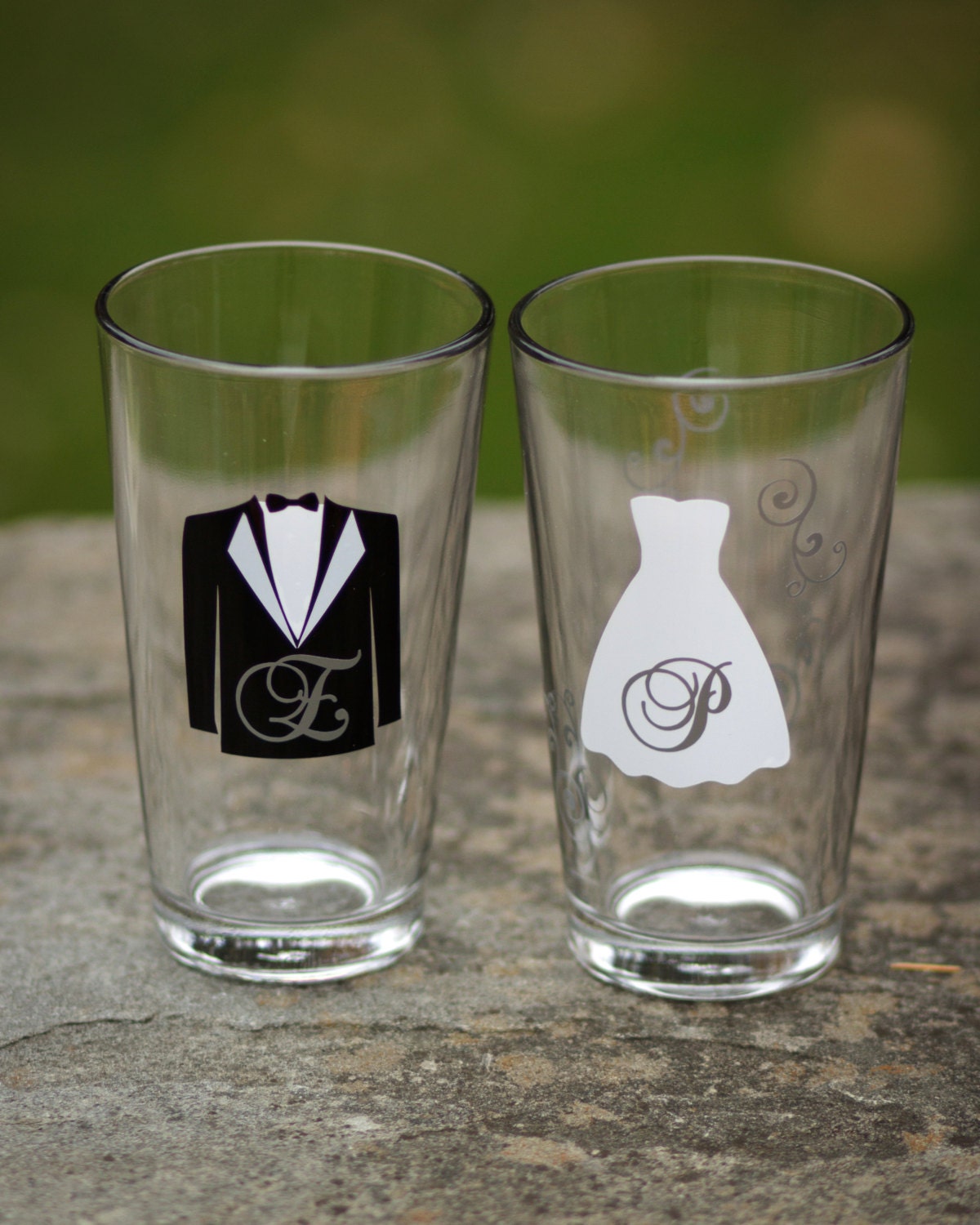 Personalized Bride and Groom pint glasses by WaterfallDesigns