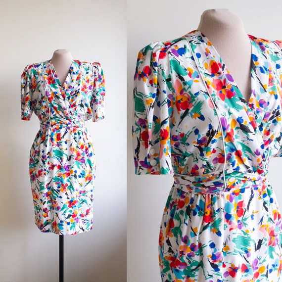 Colorful Print Dress 80's Puff Sleeve Dress Short by aikaasitten