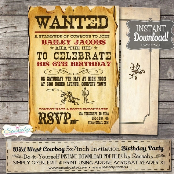 Wild West Cowboy Boys Party Invitation - INSTANT DOWNLOAD - Editable & Printable Birthday Invitation by Sassaby Il_570xn