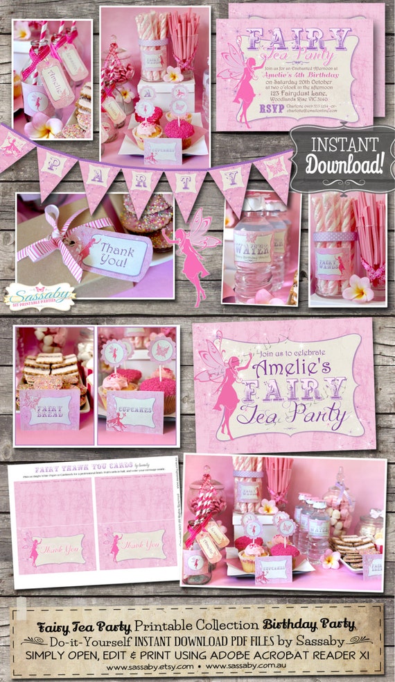 Fairy Party Collection - INSTANT DOWNLOAD - Editable & Printable, Tea Party, Pink Fairies, Birthday Party Decorations by Sassaby Parties Il_570xn