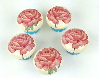 Door Knob, Wooden Drawer Knob, Red Rose Design, 45mm, Drawer Pull, Cabinet Knob, Shabby Chic Door Knob