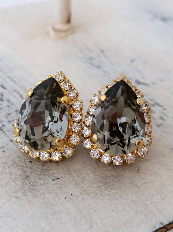 Smokey Grey black diamond crystal Swarovski teardrop stud