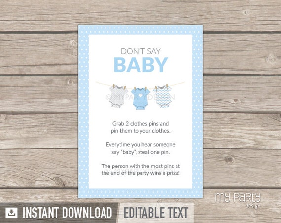 Don't say Baby Game Sign - Blue Baby Shower, bodysuit theme - Baby ...